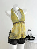 Yellow green floral lace halter cami with deep V-neck and beaded waist