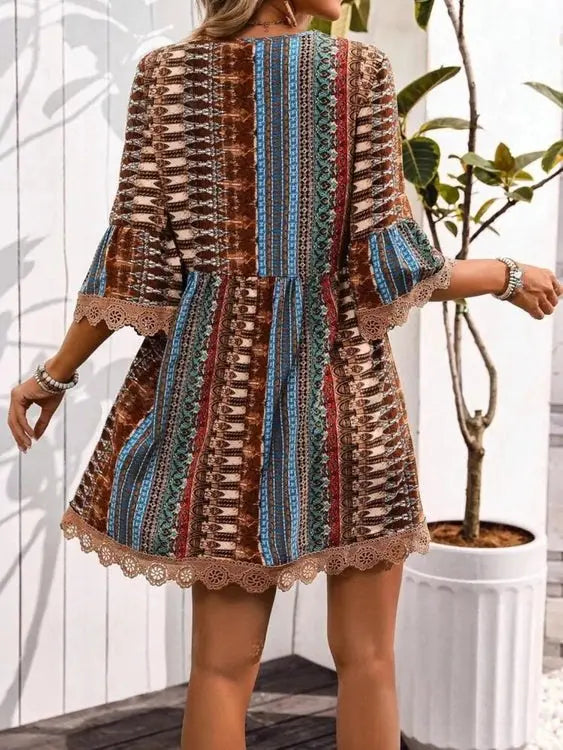Lace Trim Printed V-Neck 3/4 Sleeve Dress - Salty Season LLC