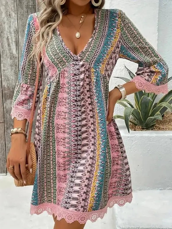 Lace Trim Printed V-Neck 3/4 Sleeve Dress - Salty Season LLC