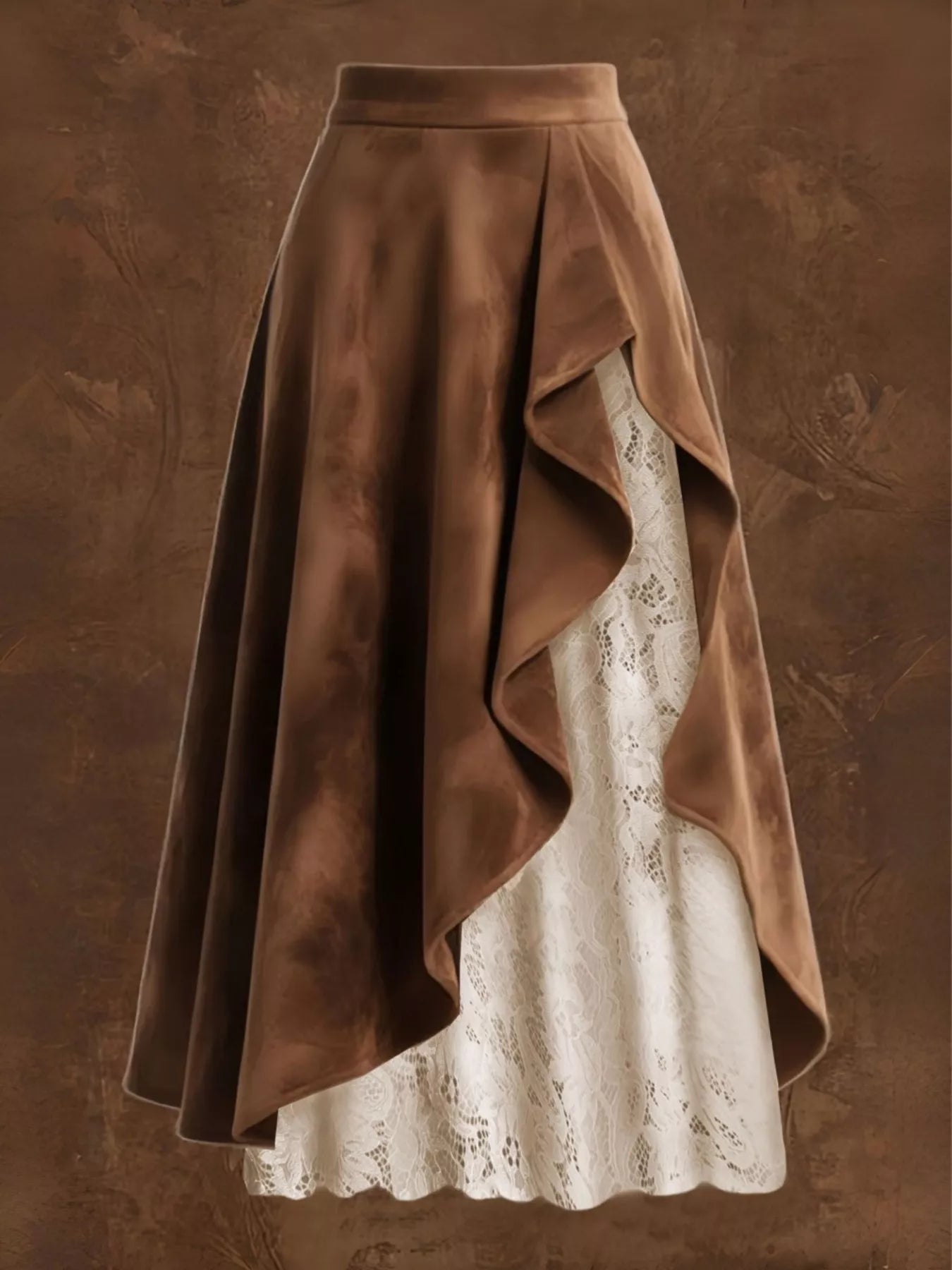 Brown velvet and white lace skirt on a brown background