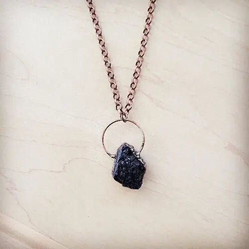 **Long Copper Necklace with Black Agate Pendant 