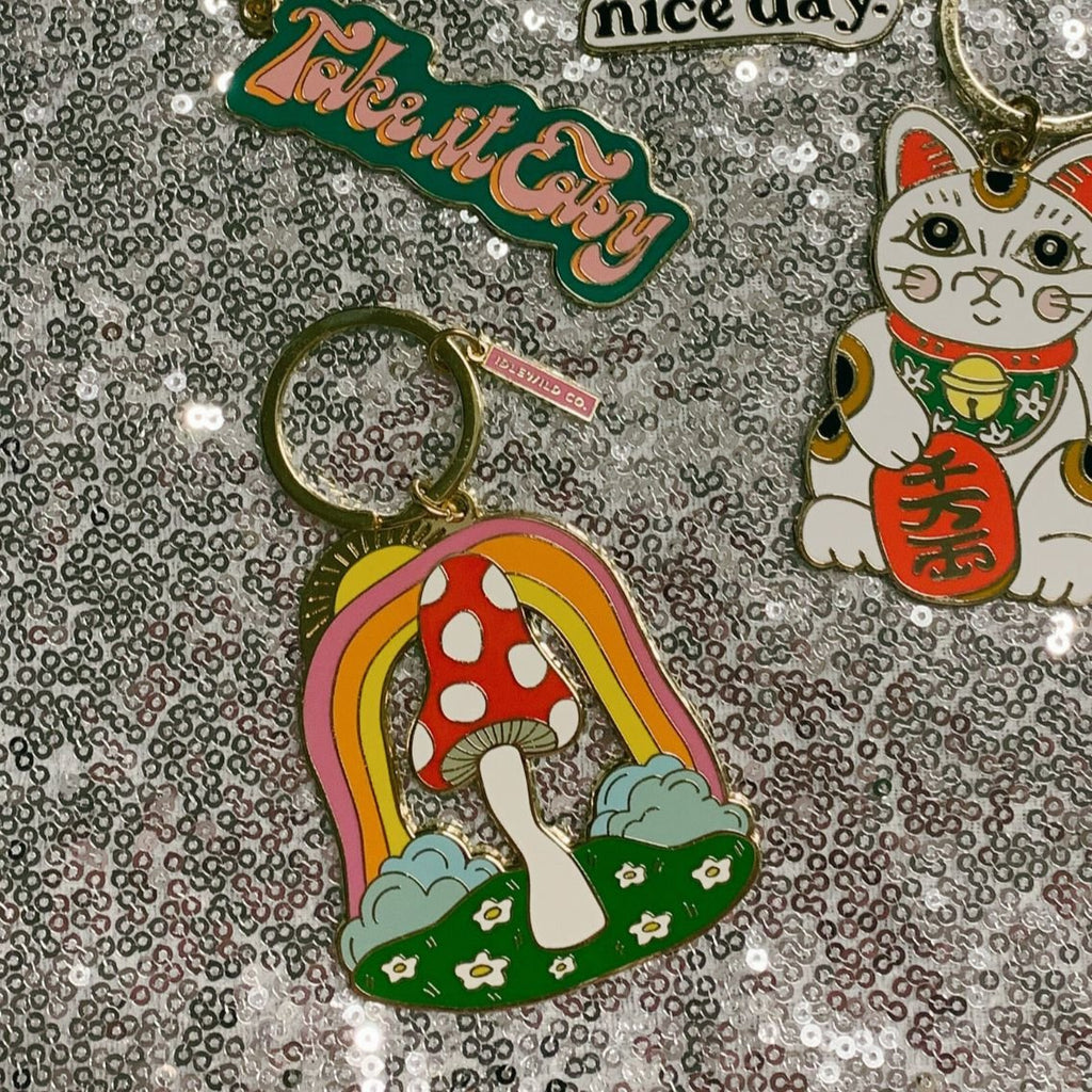 Magic Mushroom Brass and Enamel Keychain | Enchanting Toadstool Fungi Key Ring Holder - Salty Season LLC