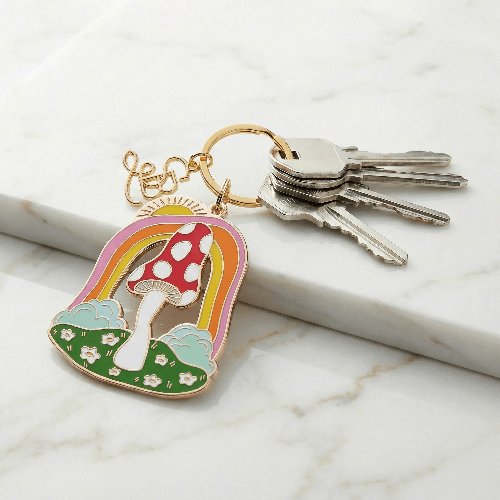 Magic Mushroom Brass and Enamel Keychain | Enchanting Toadstool Fungi Key Ring Holder - Salty Season LLC
