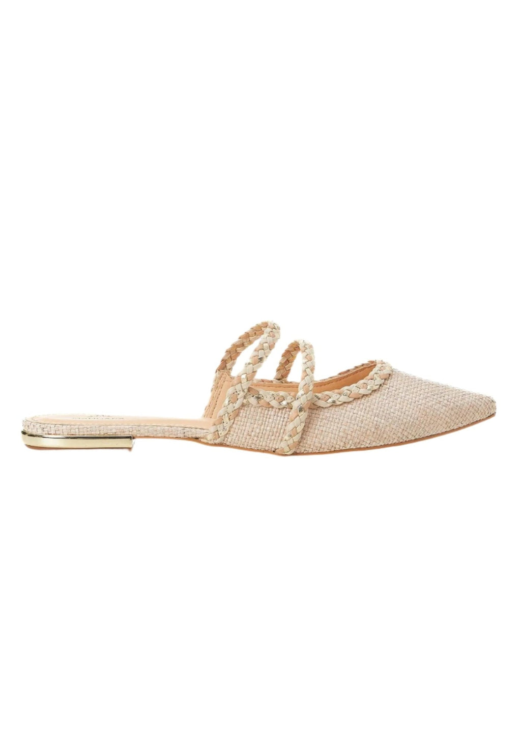 Beige pointed-toe flat sandal with raffia details on a white background