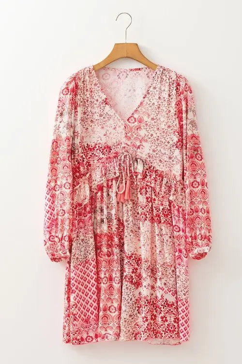 Cream viscose floral geometric patchwork mini dress flat lay on hanger