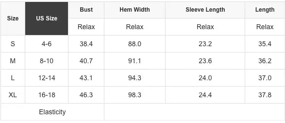Table displaying garment measurements for different sizes with columns for US Size, Bust, Hem Width, Sleeve Length, and Length.