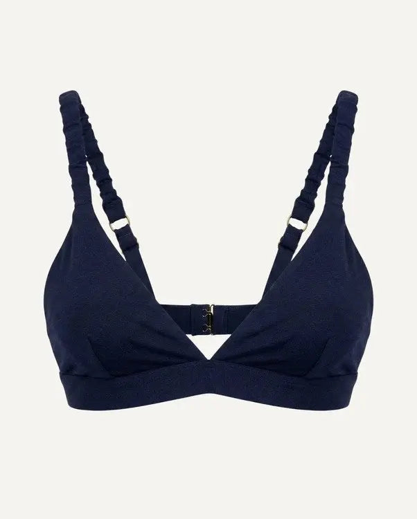 Dark blue merino wool wireless bra with V-neck and gold adjusters