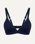 Dark blue merino wool wireless bra with V-neck and gold adjusters