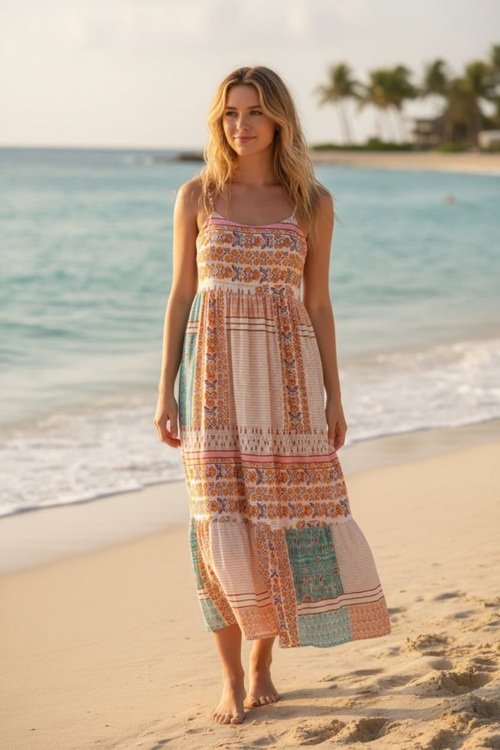 Model is wearing mint patchwork square‑neck sundress for everyday warm‑weather style.
