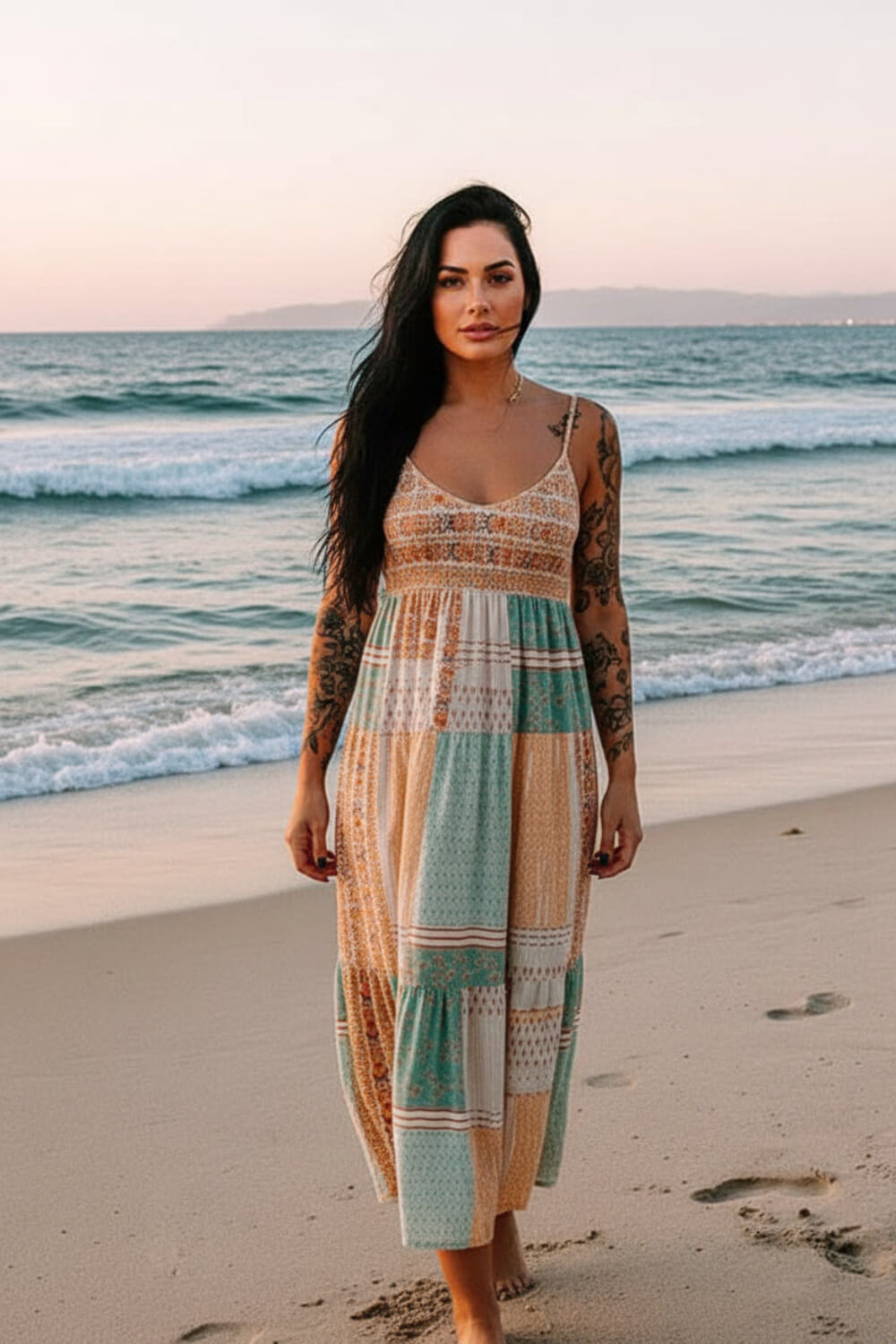 Front view of mint patchwork square‑neck sundress, lightweight refined‑boho style.