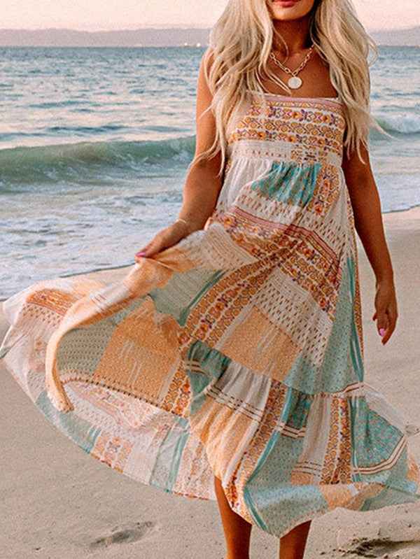 Model wearing mint patchwork square‑neck sundress for everyday warm‑weather style.