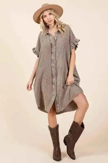Mittoshop brown white checkered mineral wash cotton gauze mini dress with ruffled sleeves