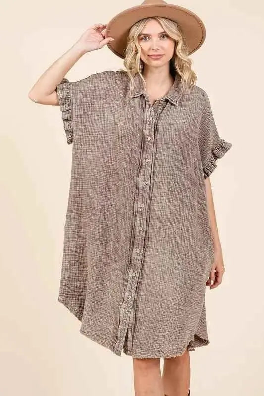 Front view of boho cotton gauze mini dress with classic collar and button front closure