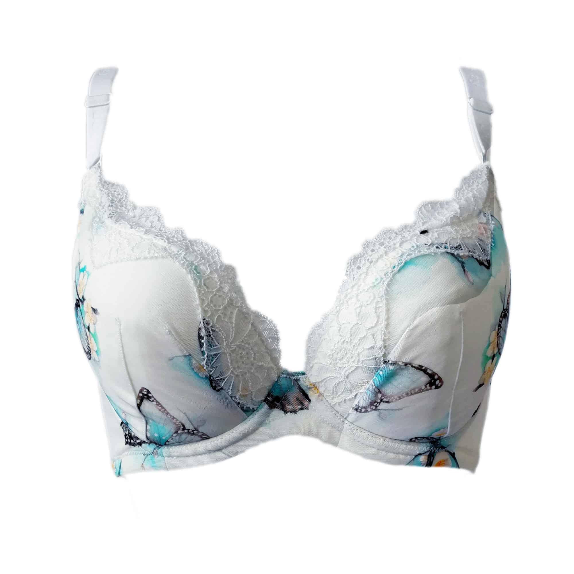White bra with butterfly pattern on a white background