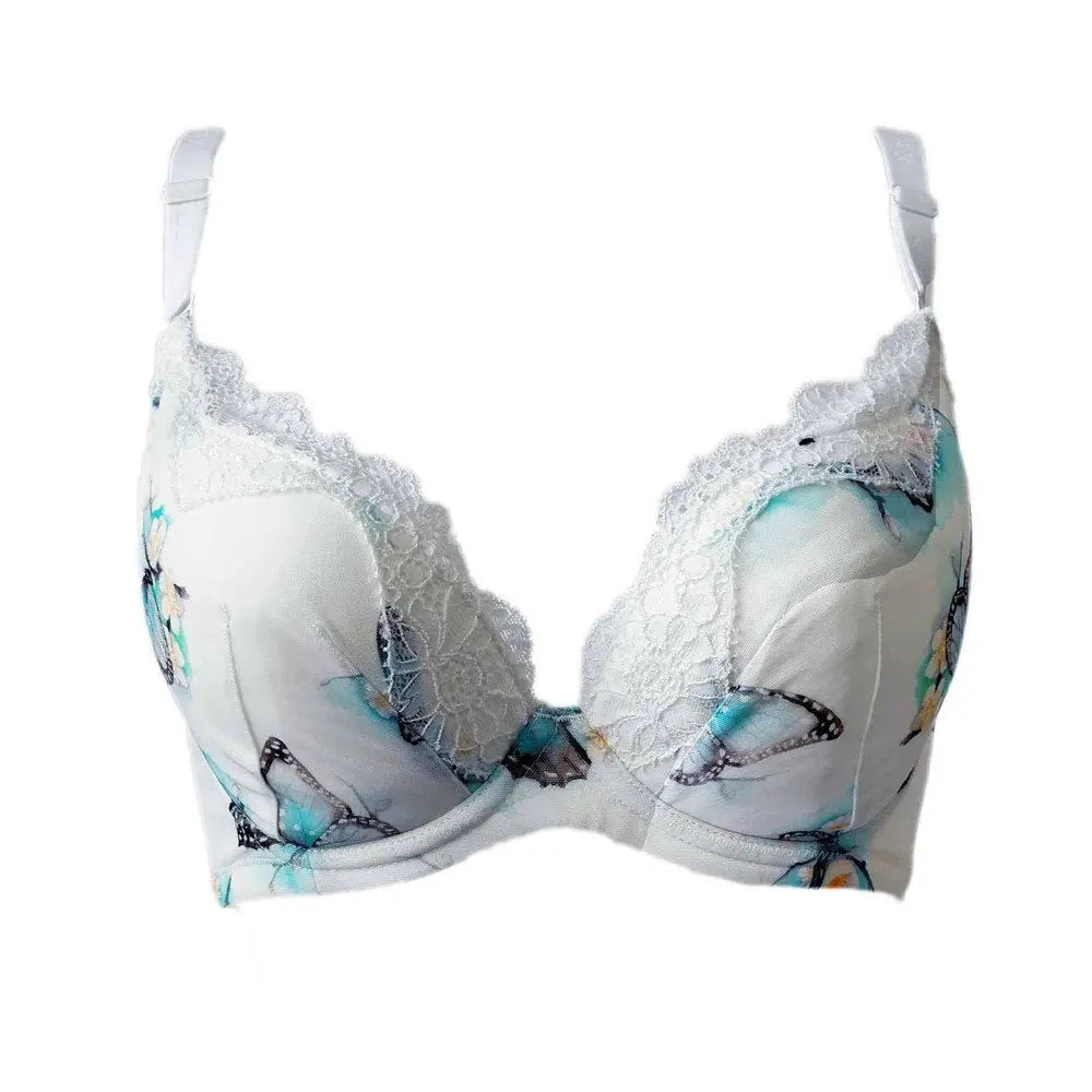 White organic cotton bra with blue butterfly print and adjustable straps