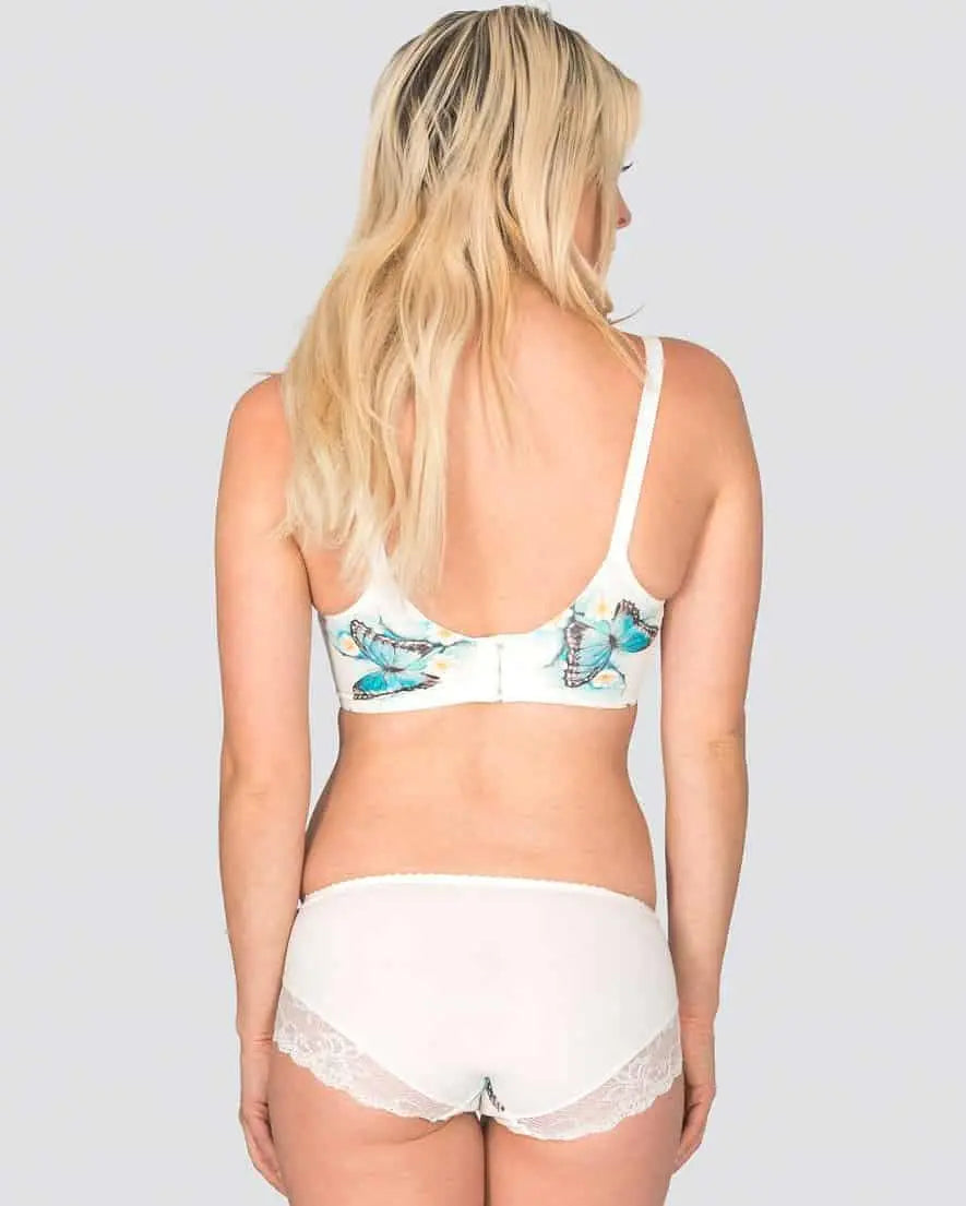 Woman wearing white silk cotton bra with blue butterfly print from back