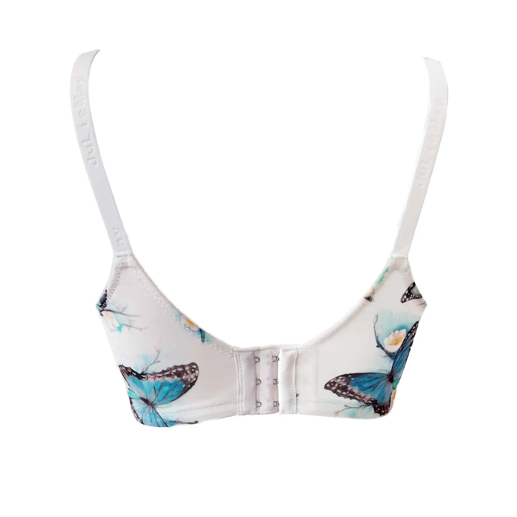 White underwire bra back with butterfly print and three hook closure