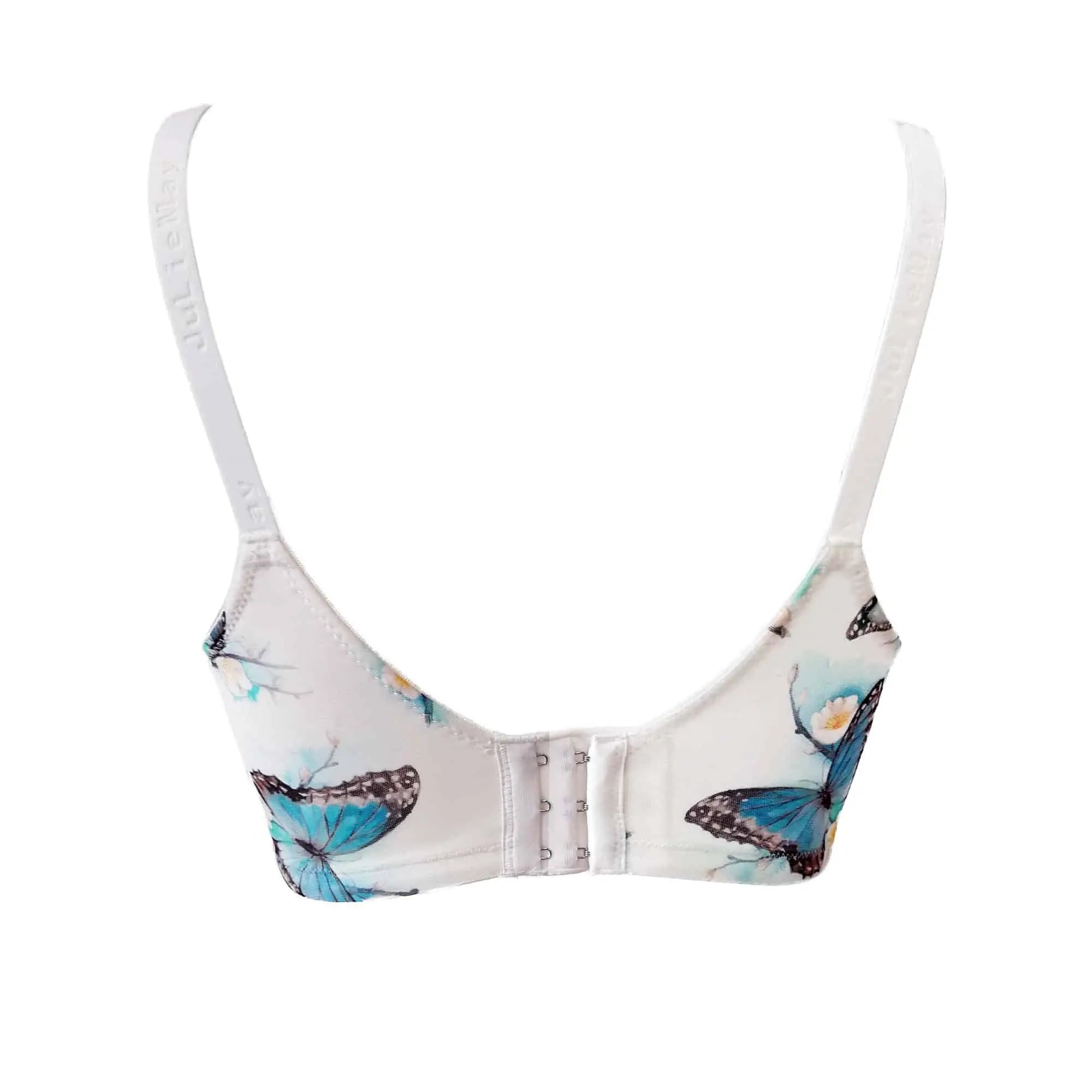 White underwire bra back with butterfly print and three hook closure