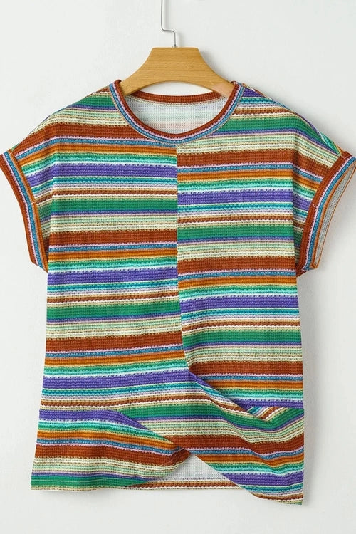Multicolour Striped Twist Hem Cap Sleeve Top - Salty Season LLC