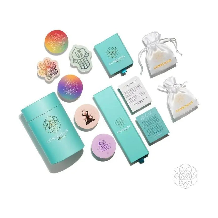 Conscious Items branded packaging set with pouches and stickers