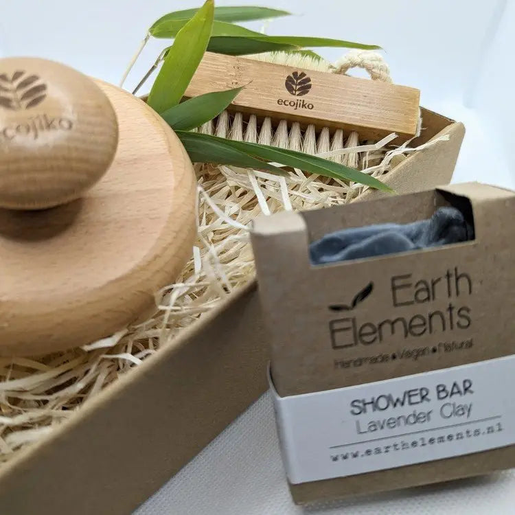 Ecojiko vegan soap gift box with bamboo nail brush and wooden body brush in kraft packaging