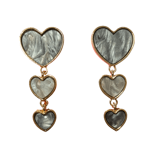 Front view of opalescent gray heart drop earrings with gold-tone borders