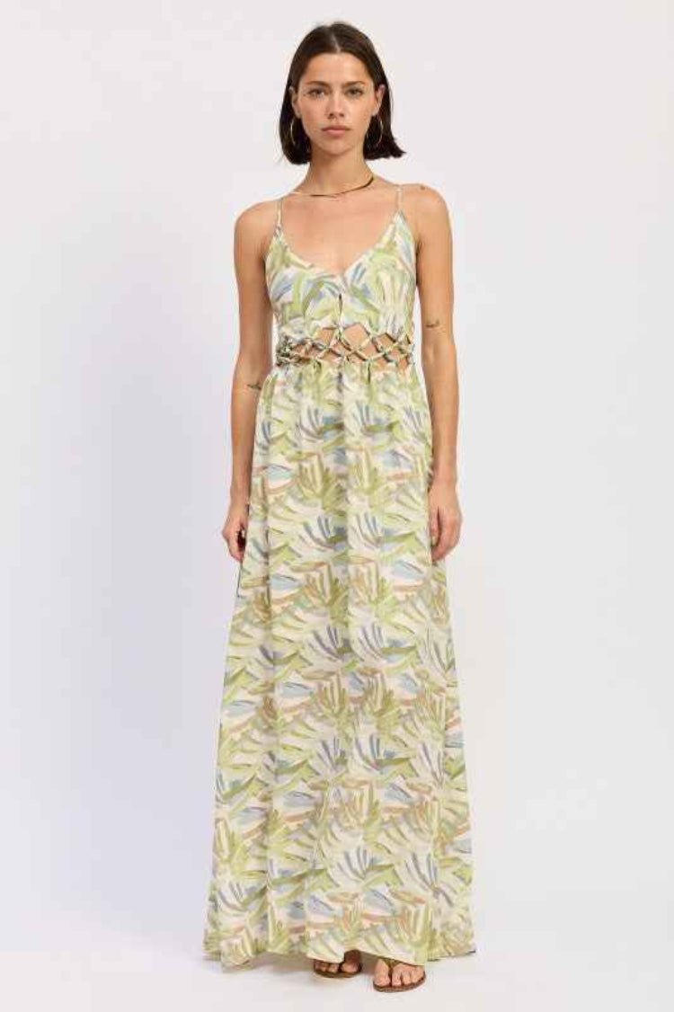 Front view of floral maxi dress with square neckline and lightweight fabric