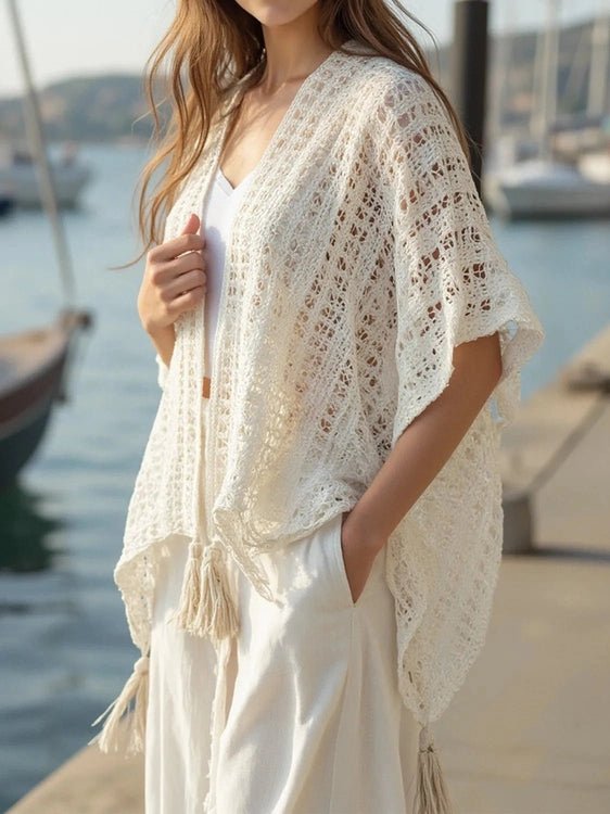 Openwork Tassel Open Front Knit Cover Up - Salty Season LLC