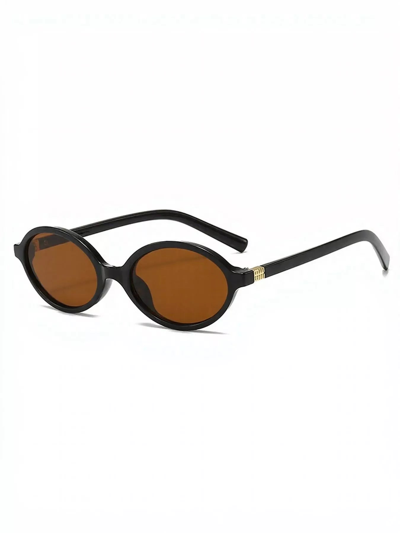 Black oval sunglasses with brown lenses on a white background