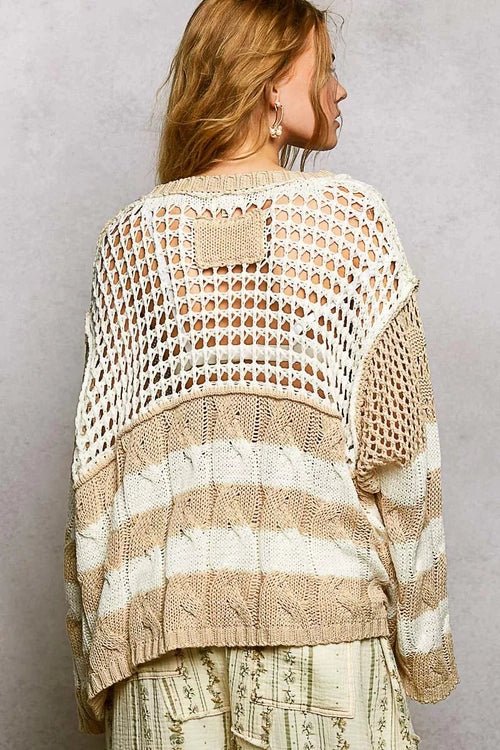 POL Color-Blocked Stripe Pattern Knit Top with Twisted Weave - Salty Season LLC