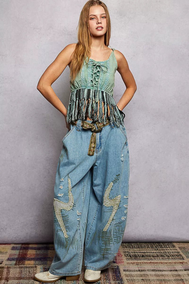 POL Lace-Up Fringe Hem Tank with Lace Detail - Salty Season LLC