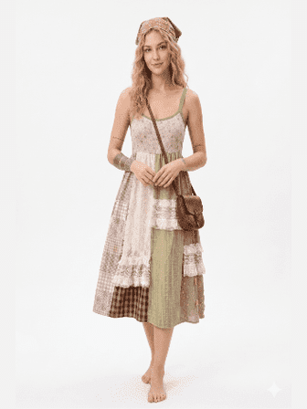 Woman wearing a patchwork dress with a brown bag on a white background