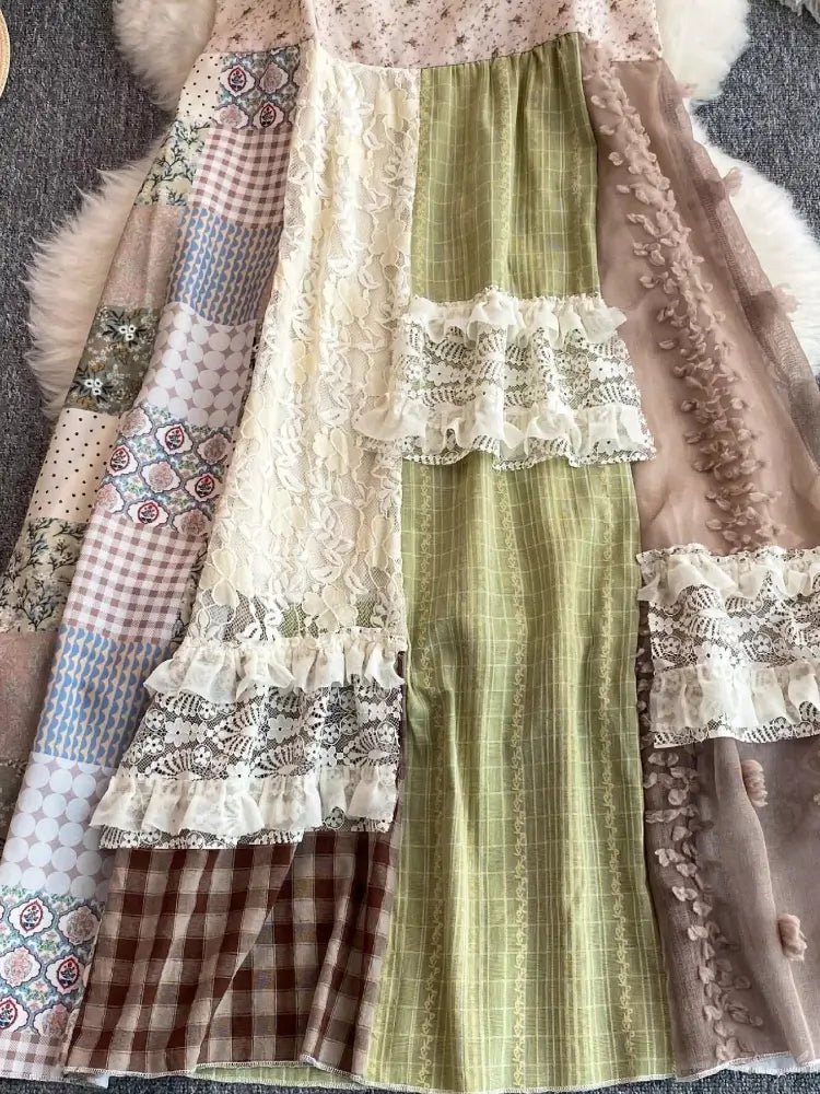 Patchwork fabric with various patterns and colors on a textured surface