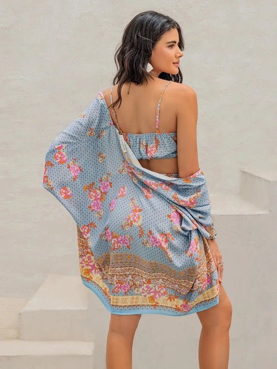 Printed Bra, Shorts and Cover Up Three-Piece Set - Salty Season LLC