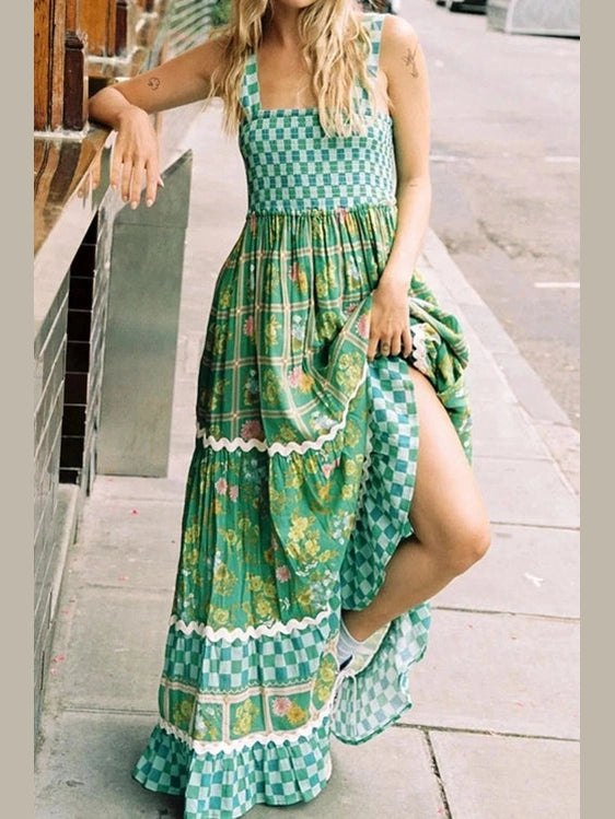 Printed Square Neck Tiered Dress - Salty Season LLC