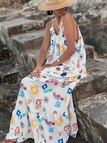 White tiered ruffle maxi dress with colorful sun car wave print