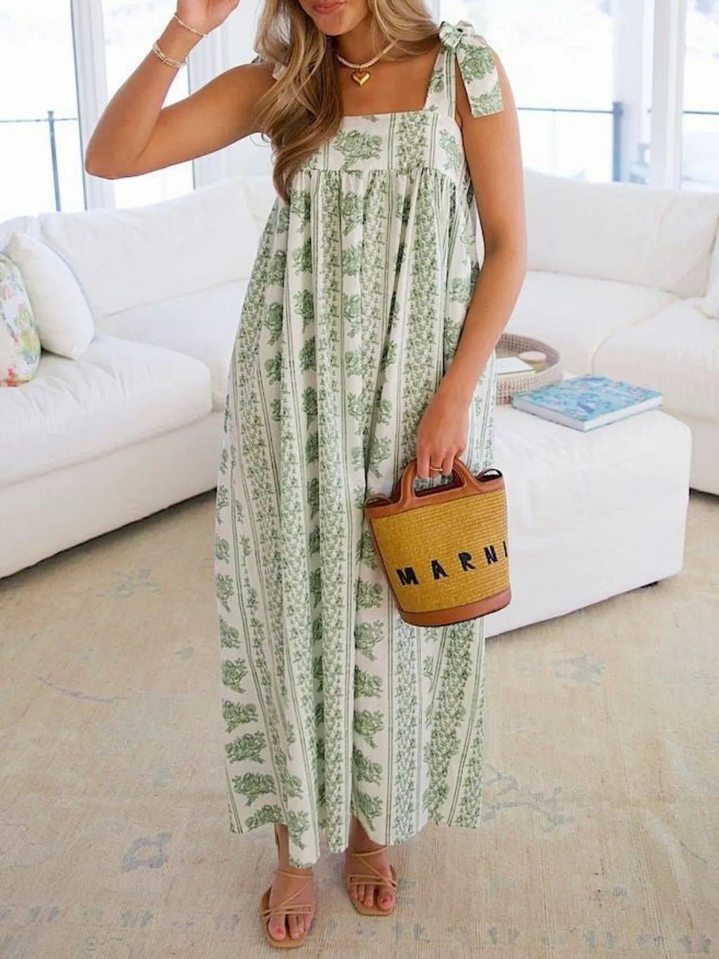 Printed Tie Shoulder Square Neck Midi Dress - Salty Season LLC