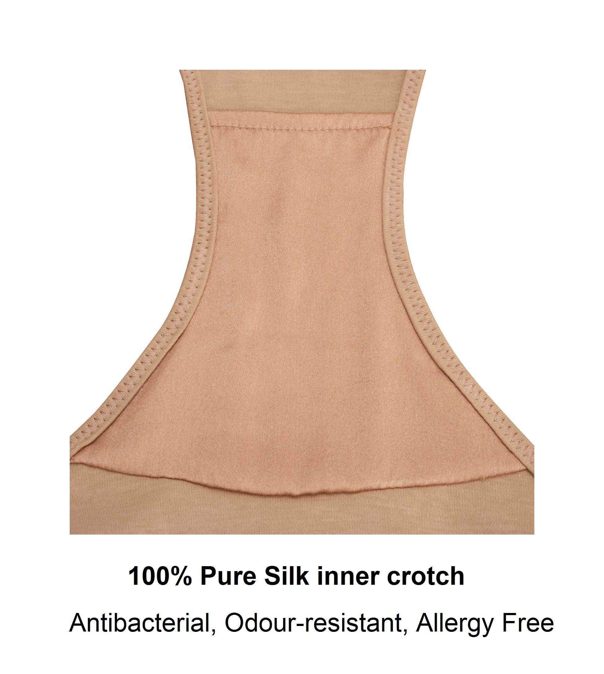 100% Pure Silk inner crotch product on a white background with text highlighting features.