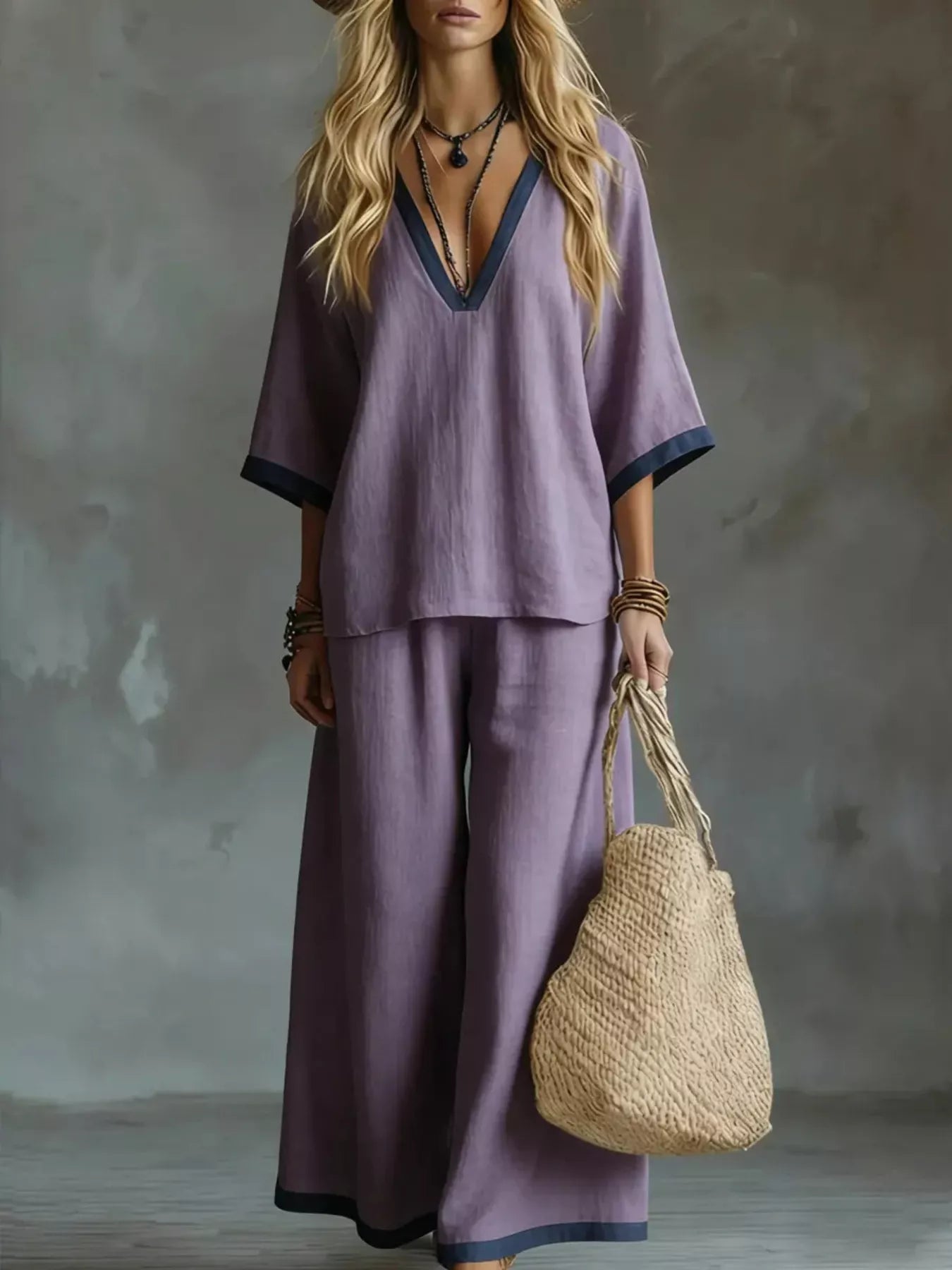 Woman wearing a purple outfit holding a straw bag against a textured gray background