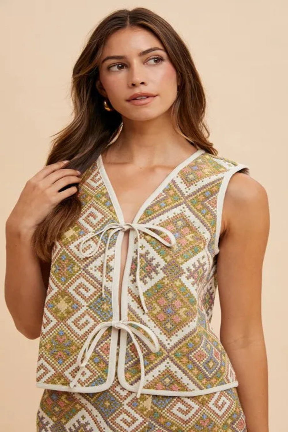 Annie Wear Ethnic Woven Jacquard Tie Front Vest - Salty Season LLC