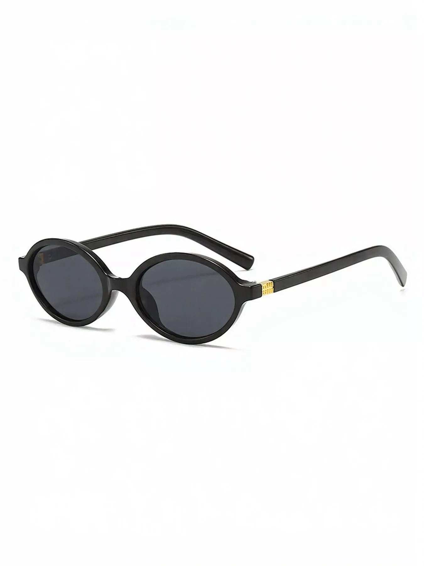 Black sunglasses with gold accents on a white background