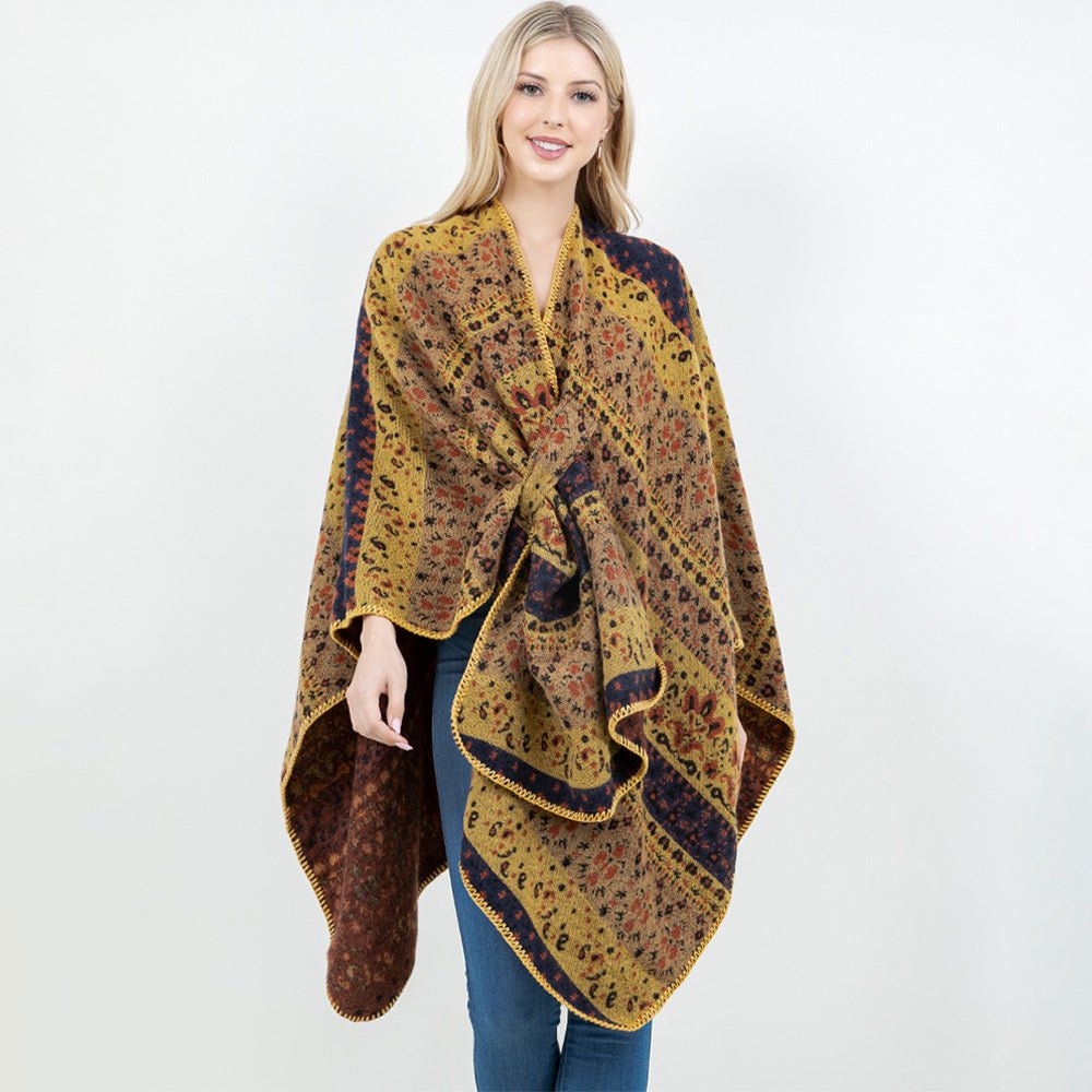 Open Front Bohemian Pattern Shawl Wrap with Loop - Salty Season LLC