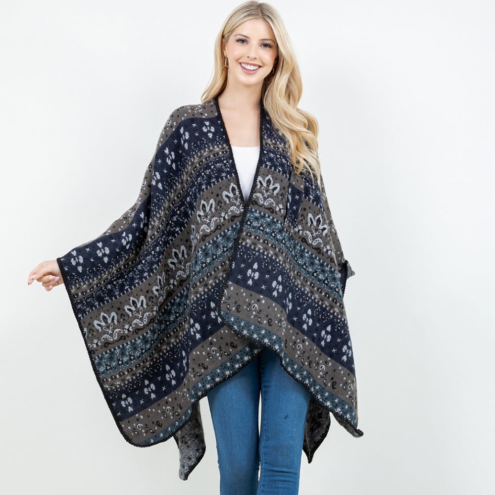 Open Front Bohemian Pattern Shawl Wrap with Loop - Salty Season LLC