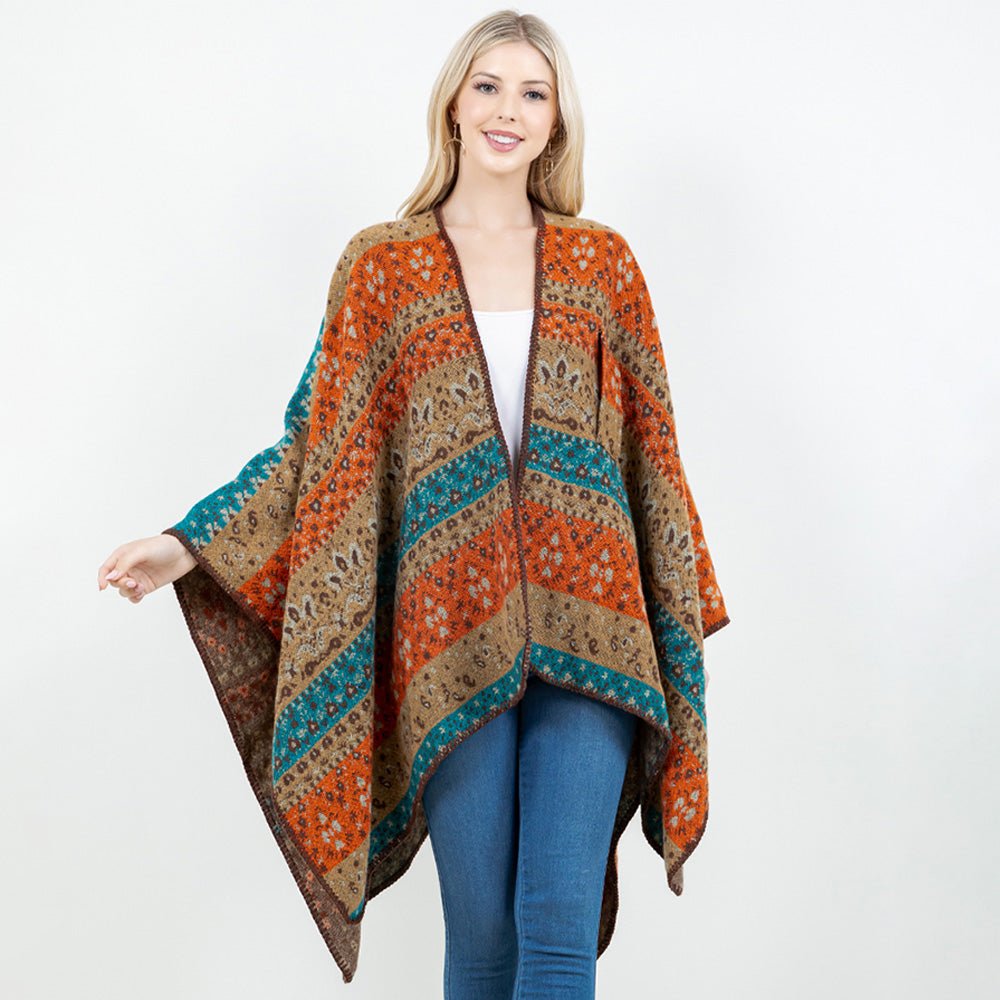 Open Front Bohemian Pattern Shawl Wrap with Loop - Salty Season LLC