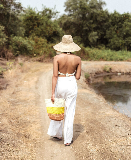 Sayan Raffia Tote Bag, in Yellow & Beige - Salty Season LLC