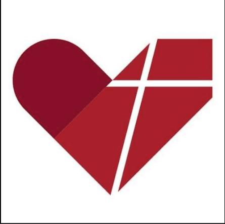Red heart symbol with a white cross inside on a white background