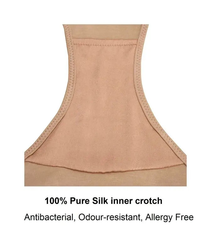 Close-up of 100% pure silk antibacterial inner crotch on skin-tone organic cotton brief