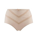 Pale skin-tone high-waisted full brief with contrasting V-shaped scalloped lace trim
