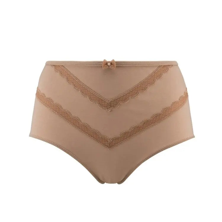 Tan high-waisted full brief with matching V-shaped scalloped lace trim and center bow