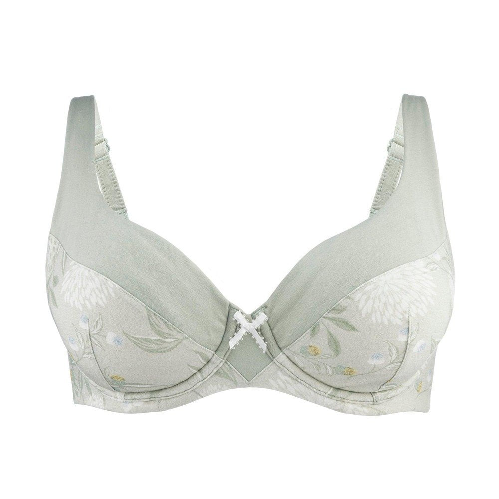 Front view of light green floral underwired full cup bra with white X center